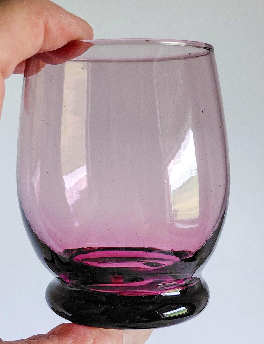 Vintage Italian Amethyst Glass Pitcher Set Hand Blown Purple Bubble Glass 7 Piece Drinkware Made in Italy, view 9
