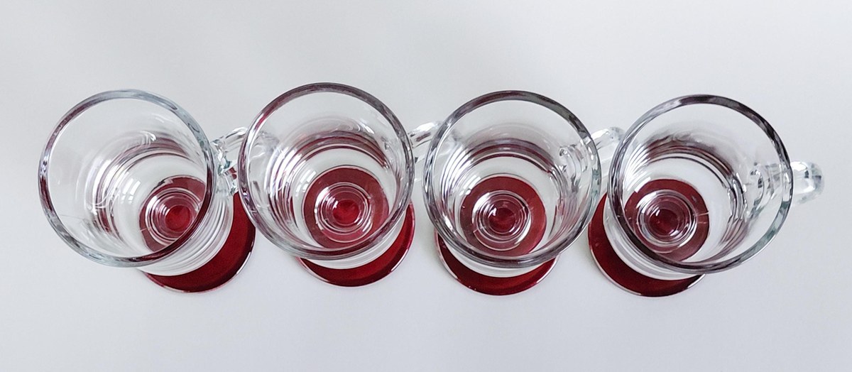 Vintage Libbey Irish Coffee Mugs Set of 4 Red Flash Footed Glasses Clear Glass Pedestal Mugs Barware Coffee Cups, view 13