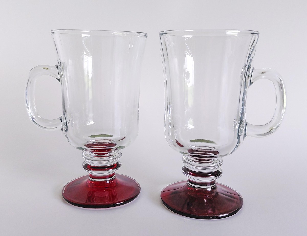 Vintage Libbey Irish Coffee Mugs Set of 4 Red Flash Footed Glasses Clear Glass Pedestal Mugs Barware Coffee Cups, view 17