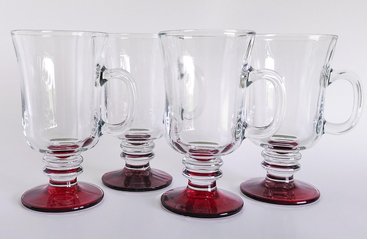 Vintage Libbey Irish Coffee Mugs Set of 4 Red Flash Footed Glasses Clear Glass Pedestal Mugs Barware Coffee Cups, view 18