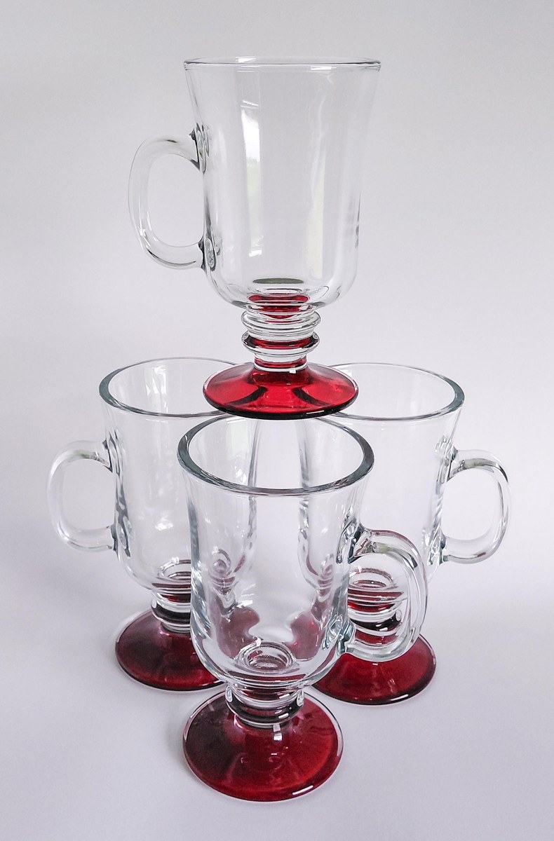 Vintage Libbey Irish Coffee Mugs Set of 4 Red Flash Footed Glasses Clear Glass Pedestal Mugs Barware Coffee Cups, view 19