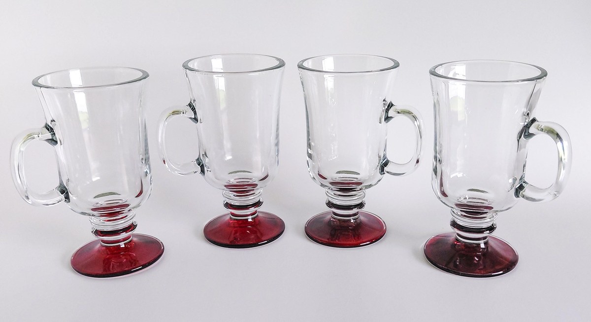 Vintage Libbey Irish Coffee Mugs Set of 4 Red Flash Footed Glasses Clear Glass Pedestal Mugs Barware Coffee Cups, view 2