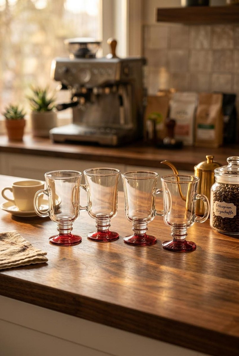Vintage Libbey Irish Coffee Mugs Set of 4 Red Flash Footed Glasses Clear Glass Pedestal Mugs Barware Coffee Cups, view 20