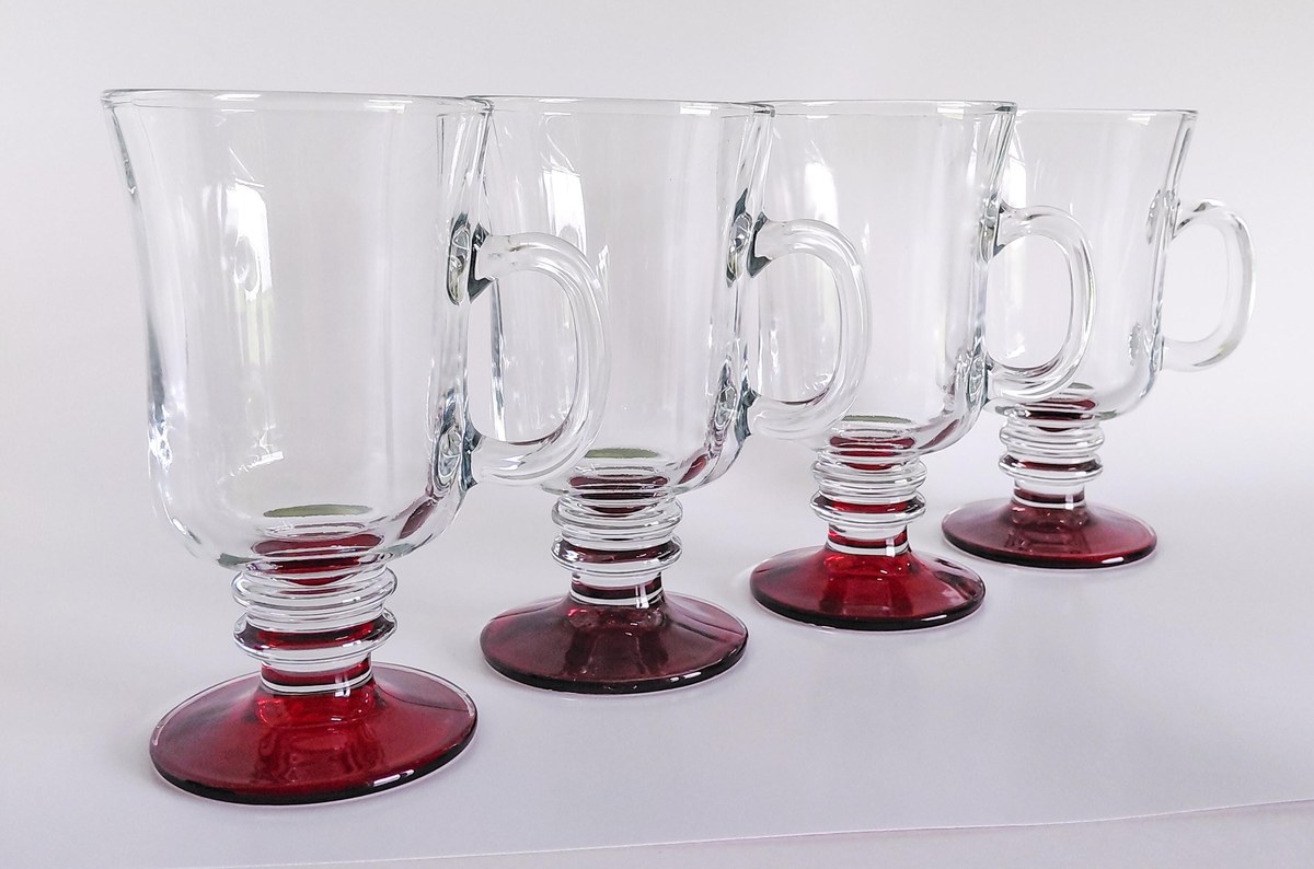 Vintage Libbey Irish Coffee Mugs Set of 4 Red Flash Footed Glasses Clear Glass Pedestal Mugs Barware Coffee Cups, view 3
