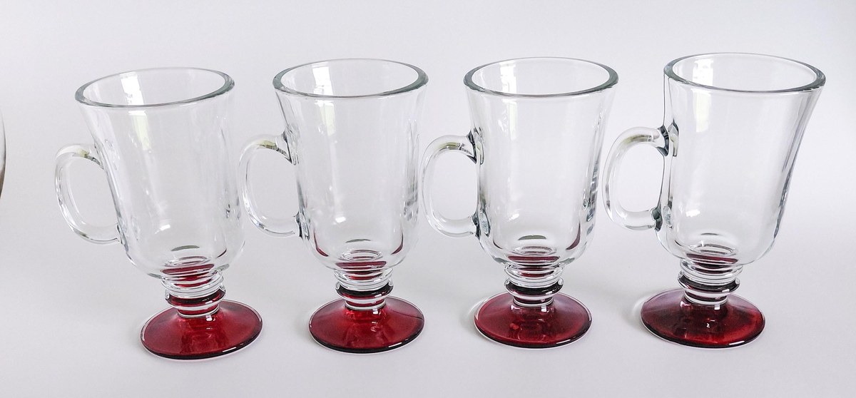 Vintage Libbey Irish Coffee Mugs Set of 4 Red Flash Footed Glasses Clear Glass Pedestal Mugs Barware Coffee Cups, view 4