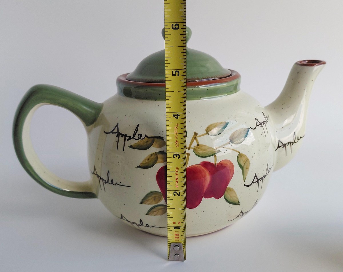 Home Interiors Apple Orchard Tea Set Tea Pot Creamer Sugar Bowl Vintage Hand Painted Earthenware Country Kitchen Decor, view 18