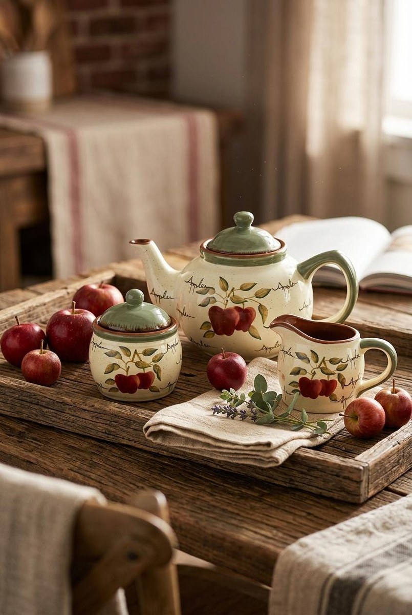 Home Interiors Apple Orchard Tea Set Tea Pot Creamer Sugar Bowl Vintage Hand Painted Earthenware Country Kitchen Decor, view 19