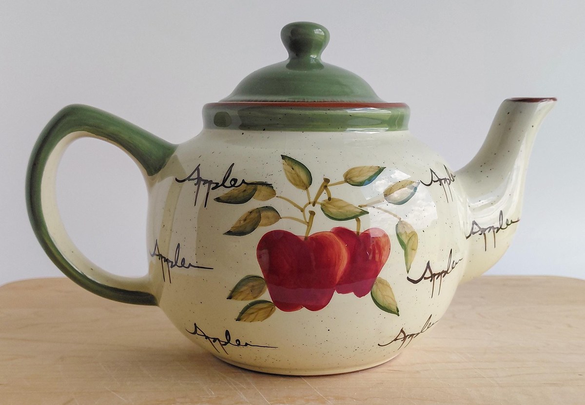 Home Interiors Apple Orchard Tea Set Tea Pot Creamer Sugar Bowl Vintage Hand Painted Earthenware Country Kitchen Decor, view 2