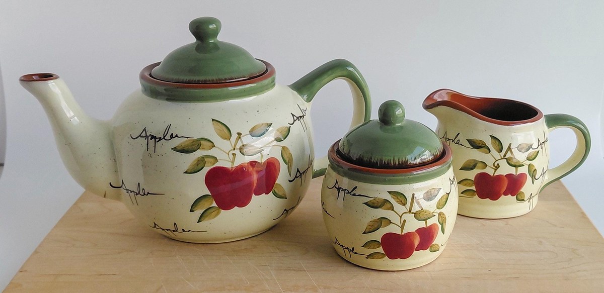 Home Interiors Apple Orchard Tea Set Tea Pot Creamer Sugar Bowl Vintage Hand Painted Earthenware Country Kitchen Decor, view 20