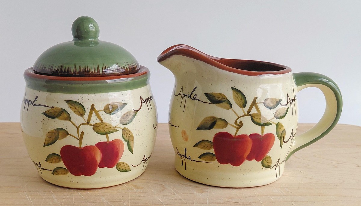 Home Interiors Apple Orchard Tea Set Tea Pot Creamer Sugar Bowl Vintage Hand Painted Earthenware Country Kitchen Decor, view 3