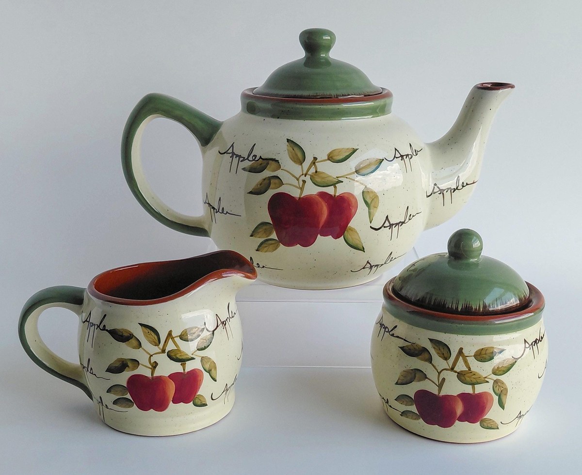 Home Interiors Apple Orchard Tea Set Tea Pot Creamer Sugar Bowl Vintage Hand Painted Earthenware Country Kitchen Decor, view 4