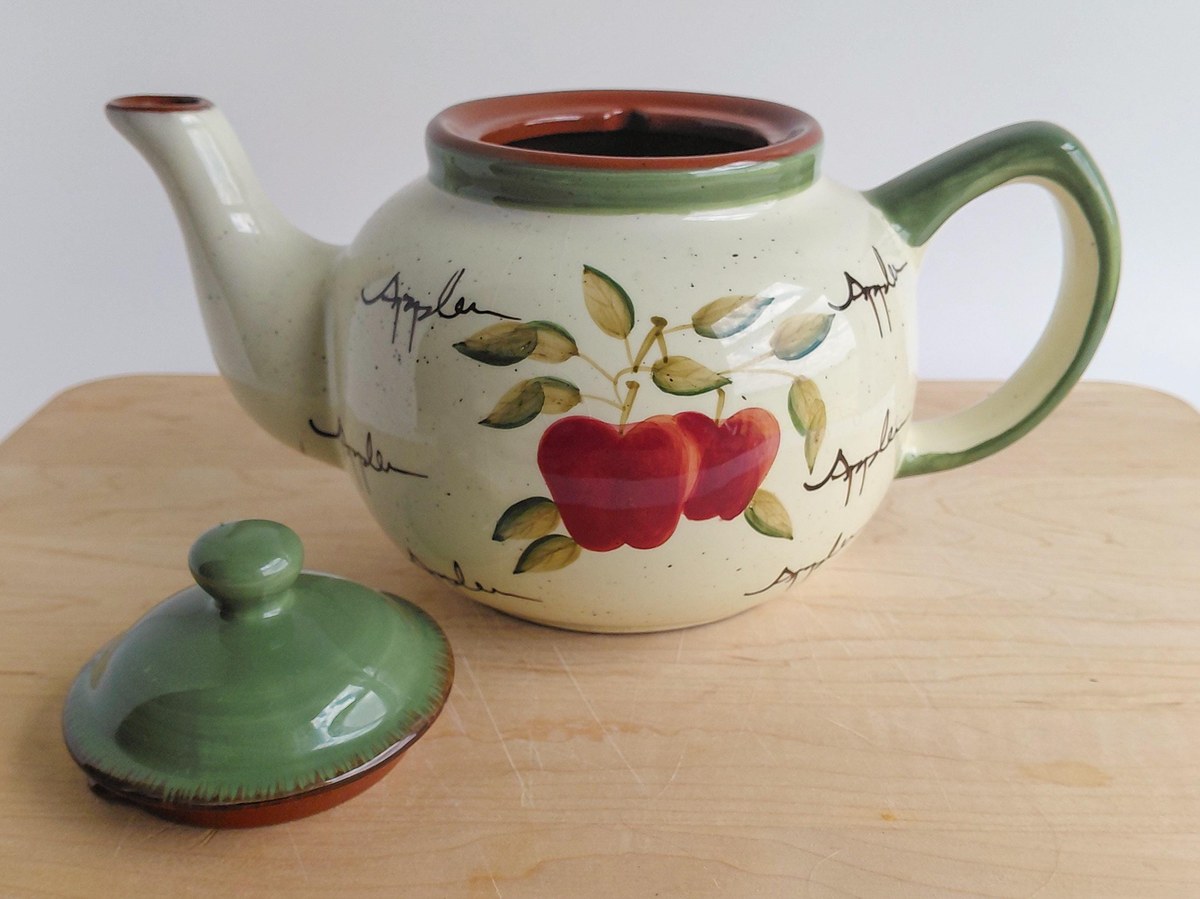 Home Interiors Apple Orchard Tea Set Tea Pot Creamer Sugar Bowl Vintage Hand Painted Earthenware Country Kitchen Decor, view 5
