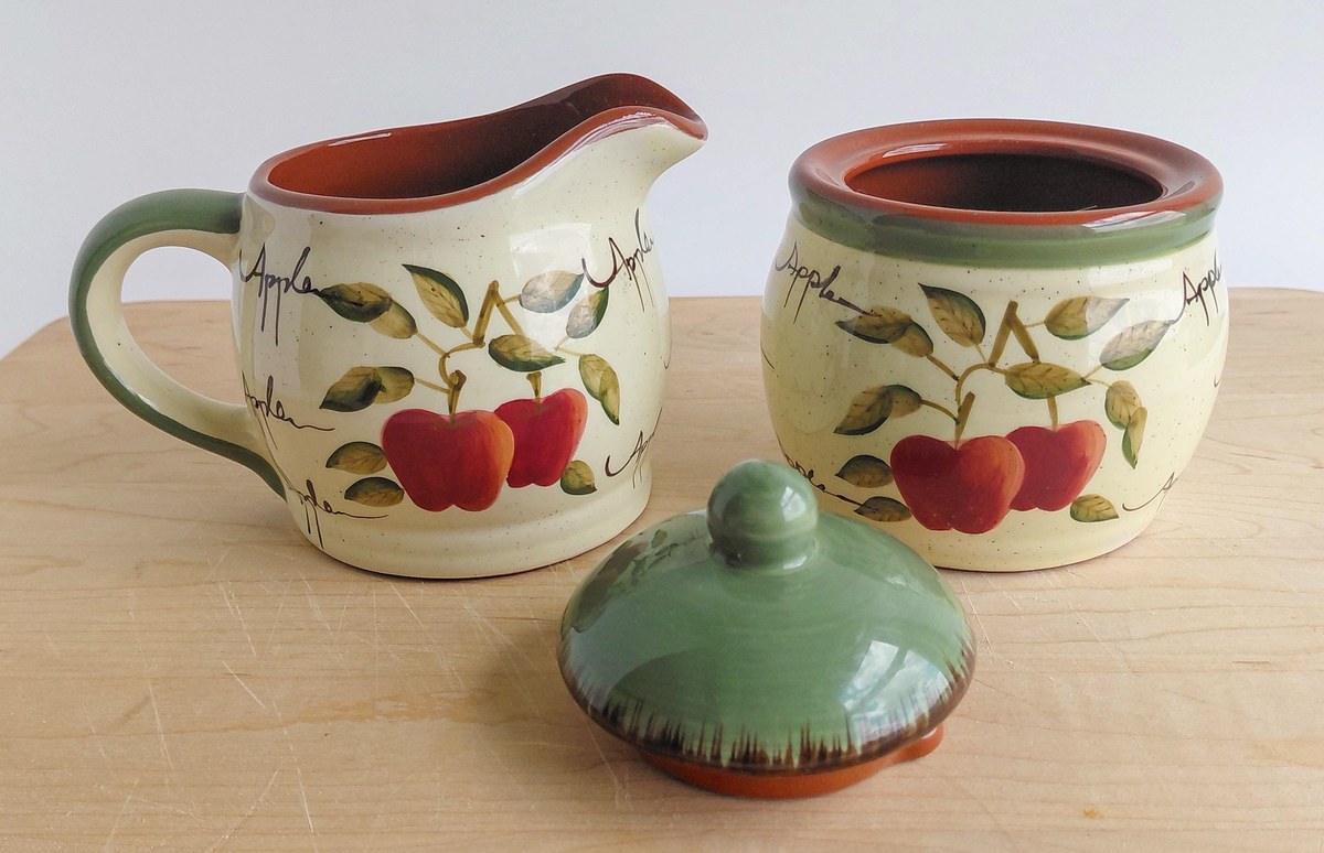 Home Interiors Apple Orchard Tea Set Tea Pot Creamer Sugar Bowl Vintage Hand Painted Earthenware Country Kitchen Decor, view 6