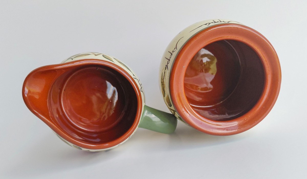 Home Interiors Apple Orchard Tea Set Tea Pot Creamer Sugar Bowl Vintage Hand Painted Earthenware Country Kitchen Decor, view 8