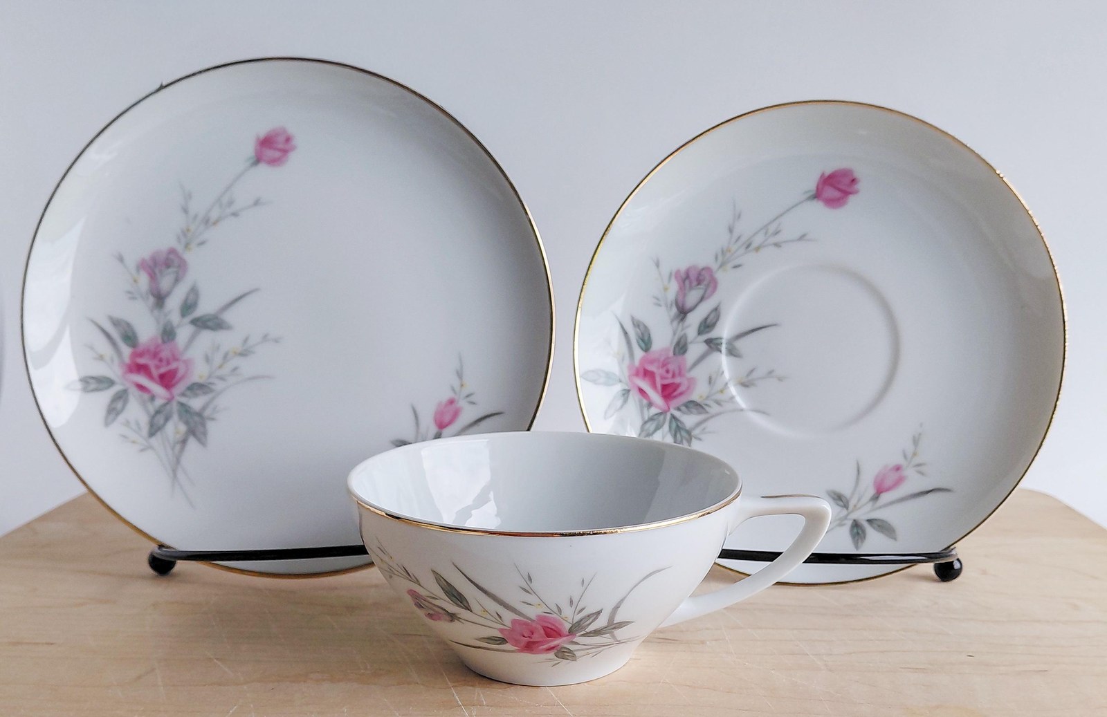 Vintage Fine China Japan Golden Rose Snack Set 18 Pc Tea Party Set 6 Cups Saucers Plates Pink Roses Gold Trim
