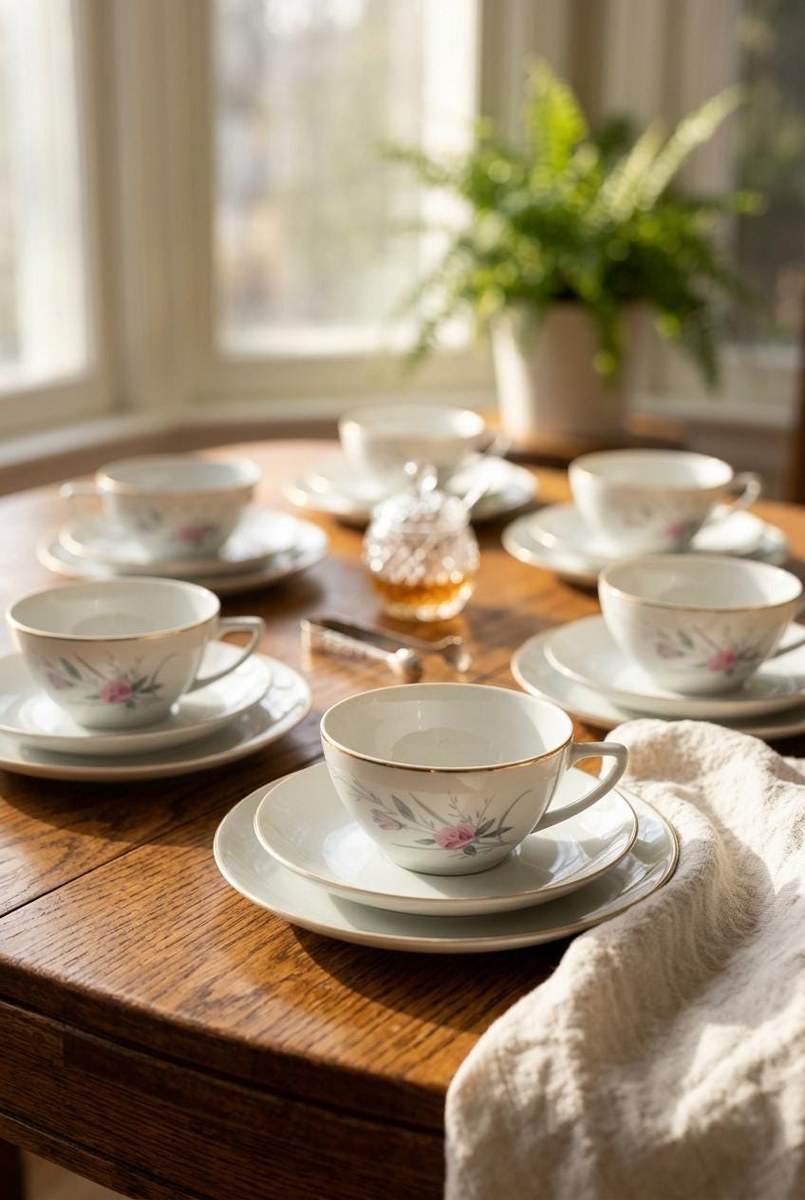 Vintage Fine China Japan Golden Rose Snack Set 18 Pc Tea Party Set 6 Cups Saucers Plates Pink Roses Gold Trim, view 17