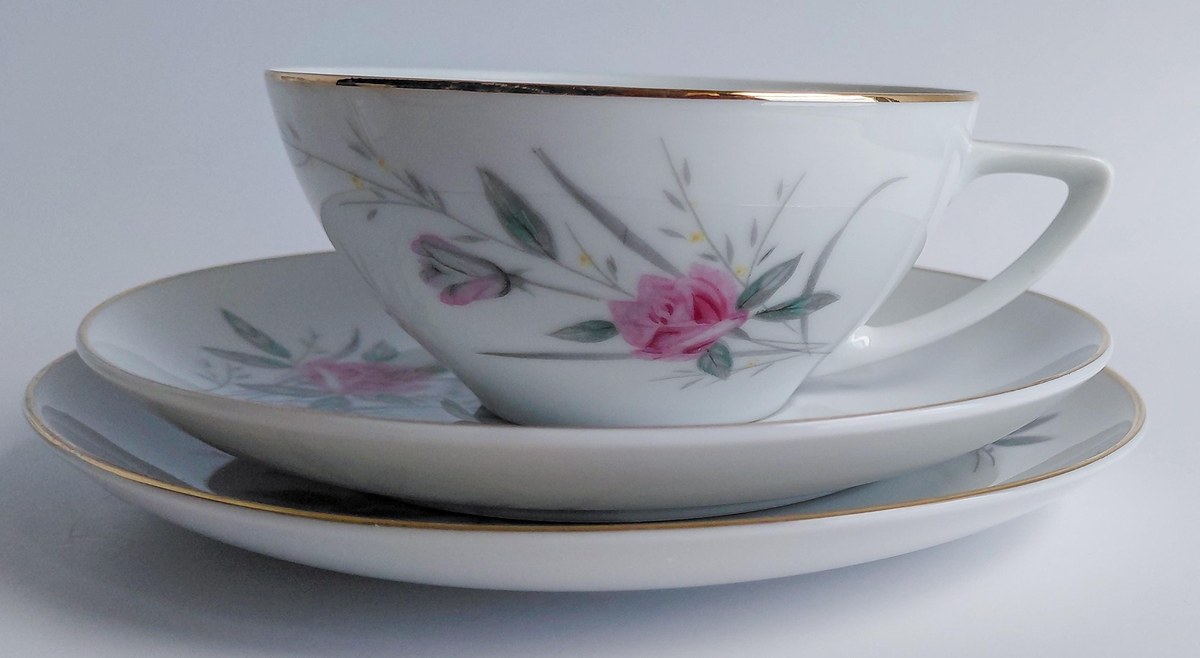 Vintage Fine China Japan Golden Rose Snack Set 18 Pc Tea Party Set 6 Cups Saucers Plates Pink Roses Gold Trim, view 18