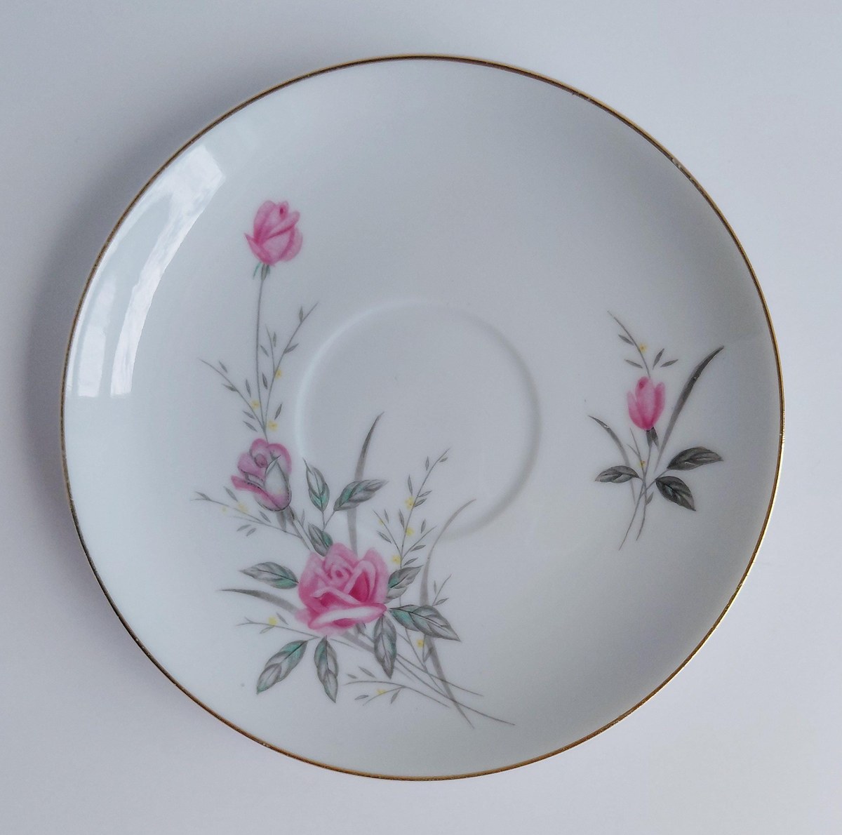 Vintage Fine China Japan Golden Rose Snack Set 18 Pc Tea Party Set 6 Cups Saucers Plates Pink Roses Gold Trim, view 19