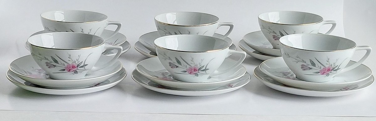 Vintage Fine China Japan Golden Rose Snack Set 18 Pc Tea Party Set 6 Cups Saucers Plates Pink Roses Gold Trim, view 2