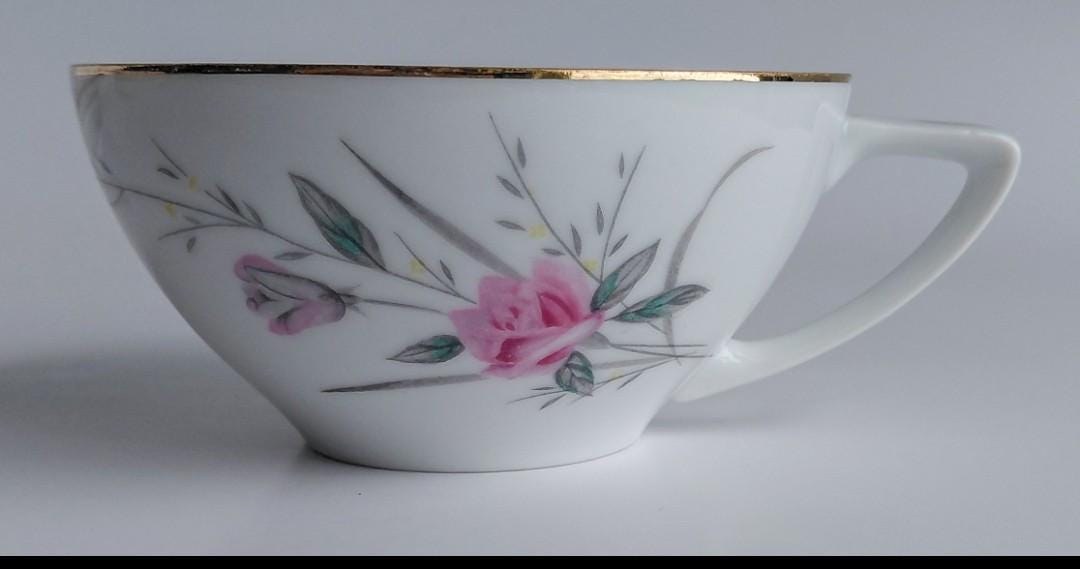 Vintage Fine China Japan Golden Rose Snack Set 18 Pc Tea Party Set 6 Cups Saucers Plates Pink Roses Gold Trim, view 4