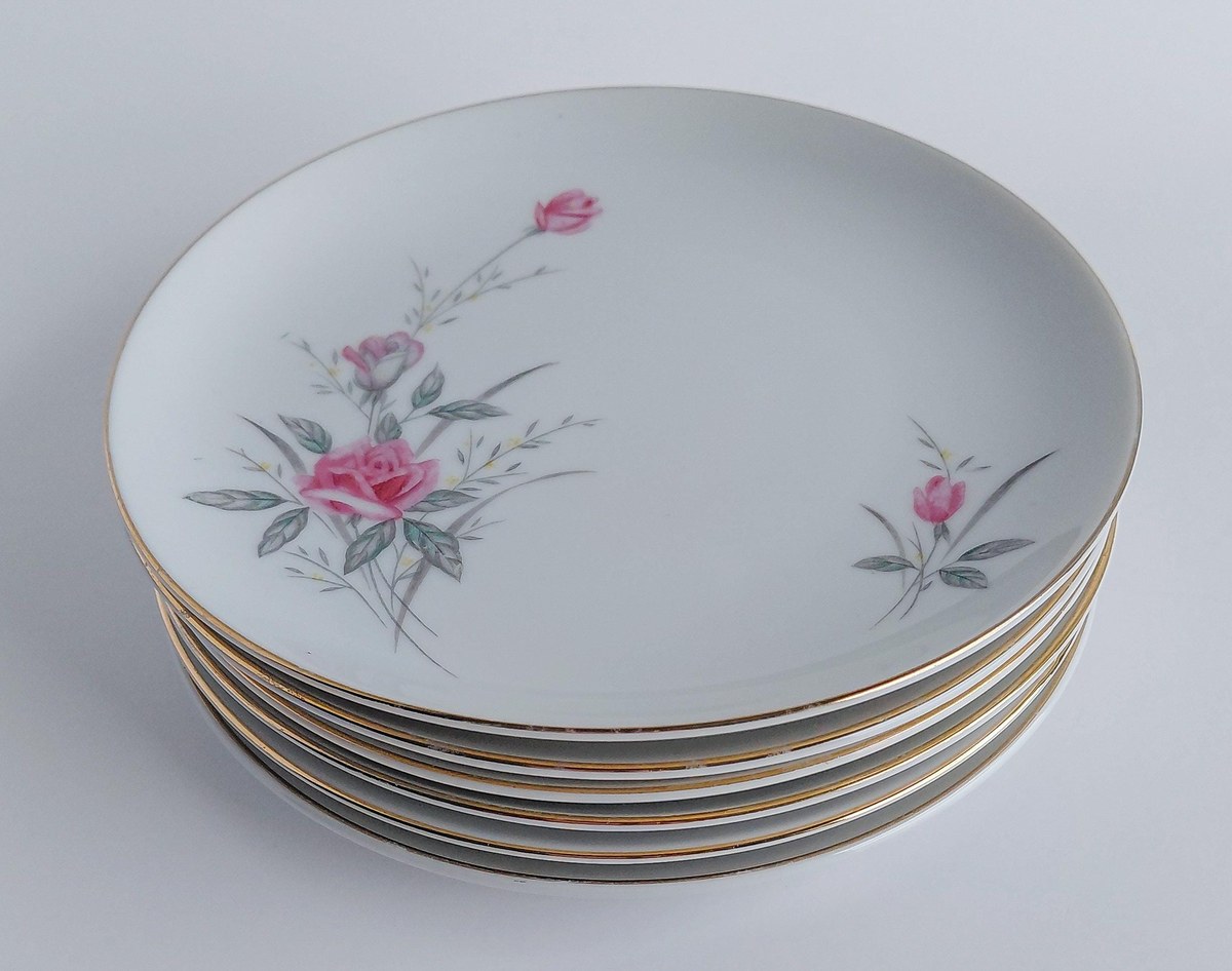 Vintage Fine China Japan Golden Rose Snack Set 18 Pc Tea Party Set 6 Cups Saucers Plates Pink Roses Gold Trim, view 5