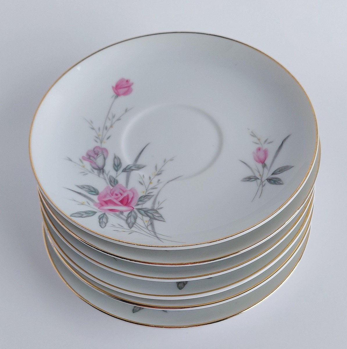 Vintage Fine China Japan Golden Rose Snack Set 18 Pc Tea Party Set 6 Cups Saucers Plates Pink Roses Gold Trim, view 6