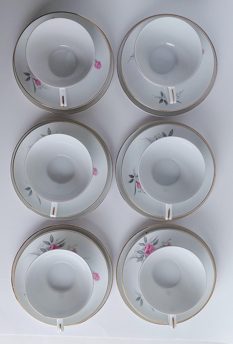 Vintage Fine China Japan Golden Rose Snack Set 18 Pc Tea Party Set 6 Cups Saucers Plates Pink Roses Gold Trim, view 7