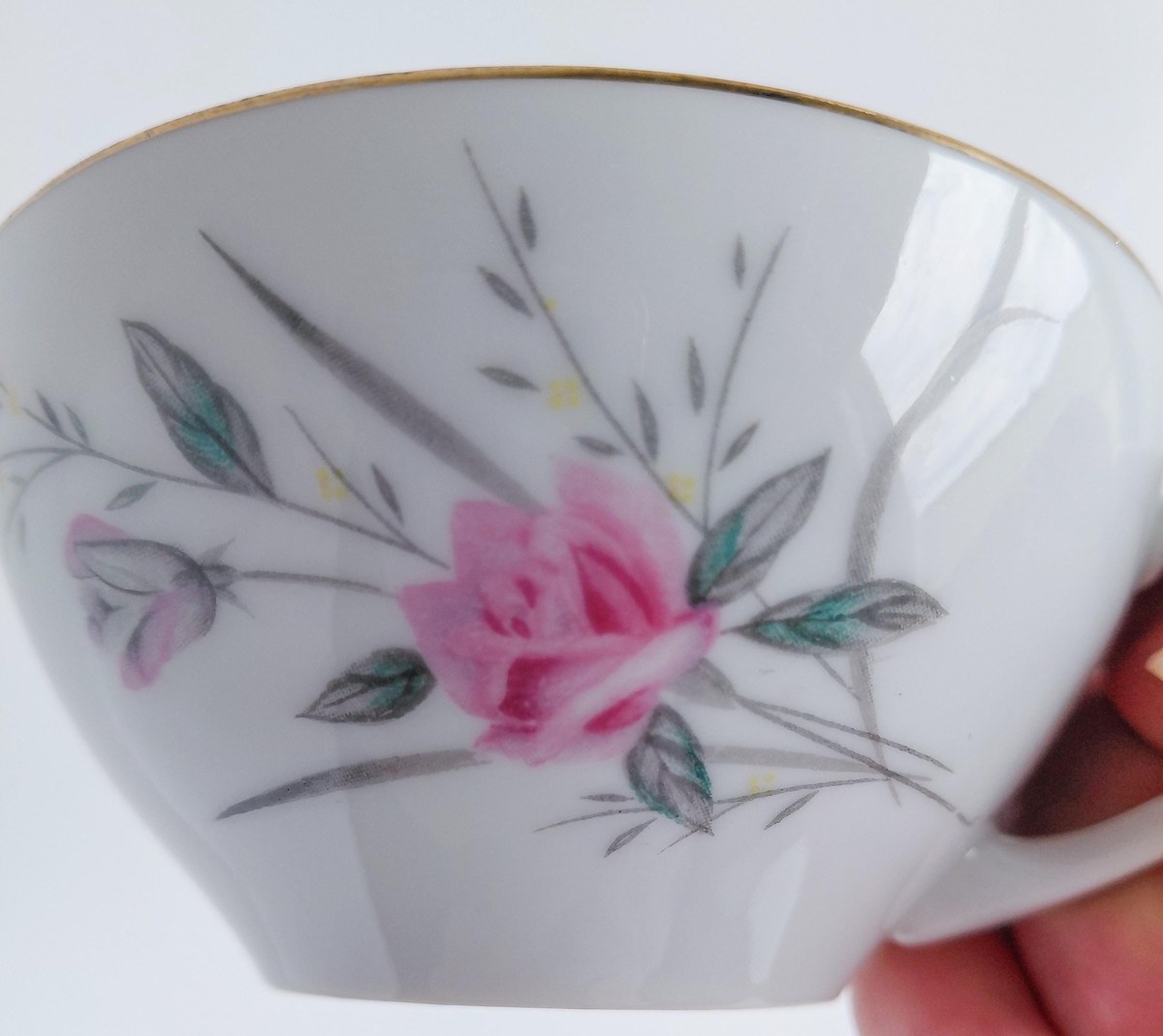 Vintage Fine China Japan Golden Rose Snack Set 18 Pc Tea Party Set 6 Cups Saucers Plates Pink Roses Gold Trim, view 8
