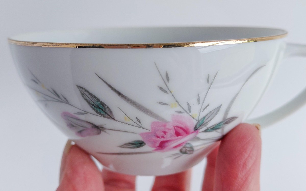 Vintage Fine China Japan Golden Rose Snack Set 18 Pc Tea Party Set 6 Cups Saucers Plates Pink Roses Gold Trim, view 9