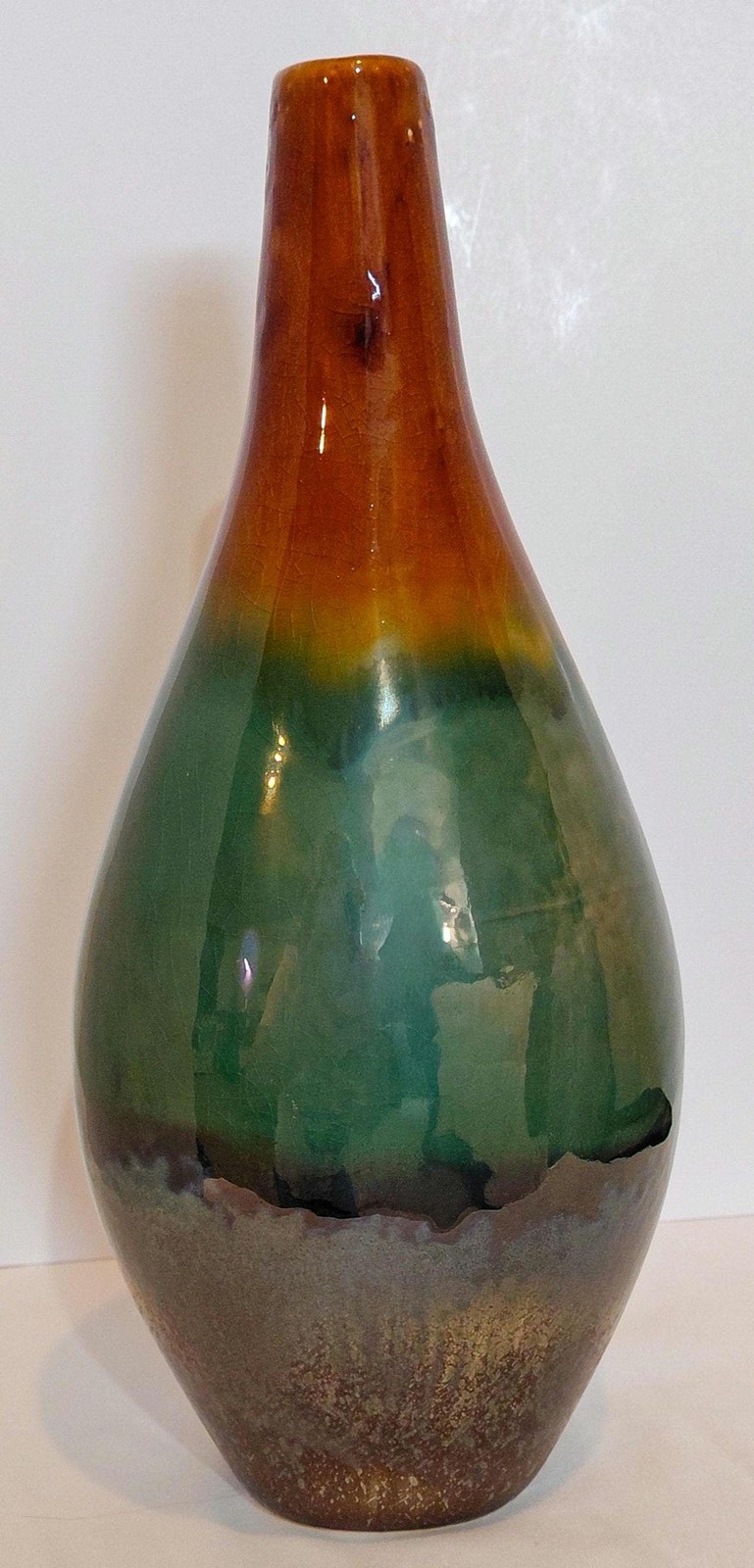 Vintage Studio Pottery Vase Organic Modern Japandi Wabi Sabi Green Brown Art Pottery 12 Inch