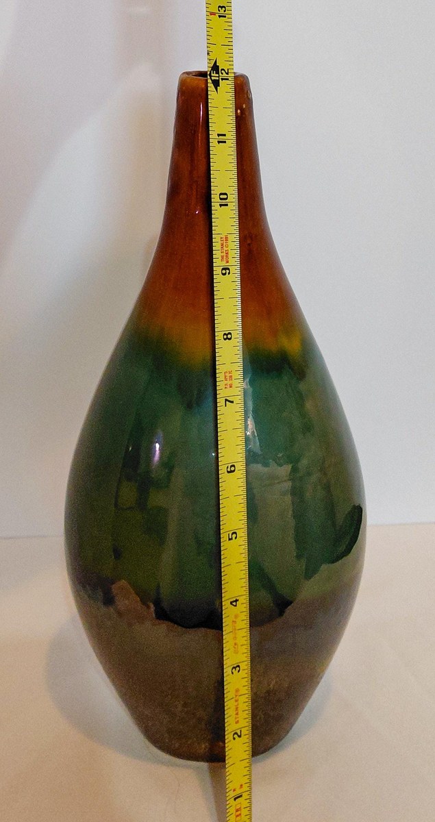 Vintage Studio Pottery Vase Organic Modern Japandi Wabi Sabi Green Brown Art Pottery 12 Inch, view 13