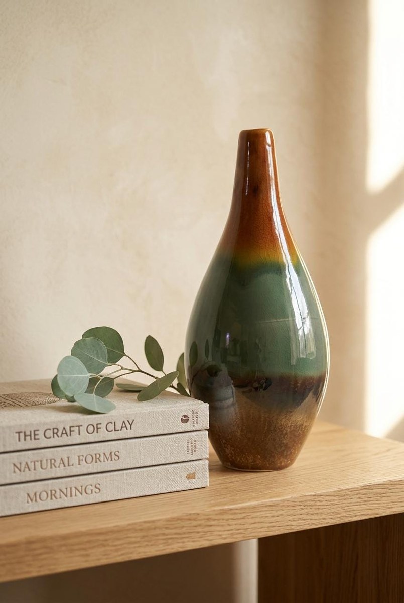 Vintage Studio Pottery Vase Organic Modern Japandi Wabi Sabi Green Brown Art Pottery 12 Inch, view 15