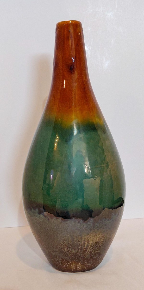 Vintage Studio Pottery Vase Organic Modern Japandi Wabi Sabi Green Brown Art Pottery 12 Inch, view 18