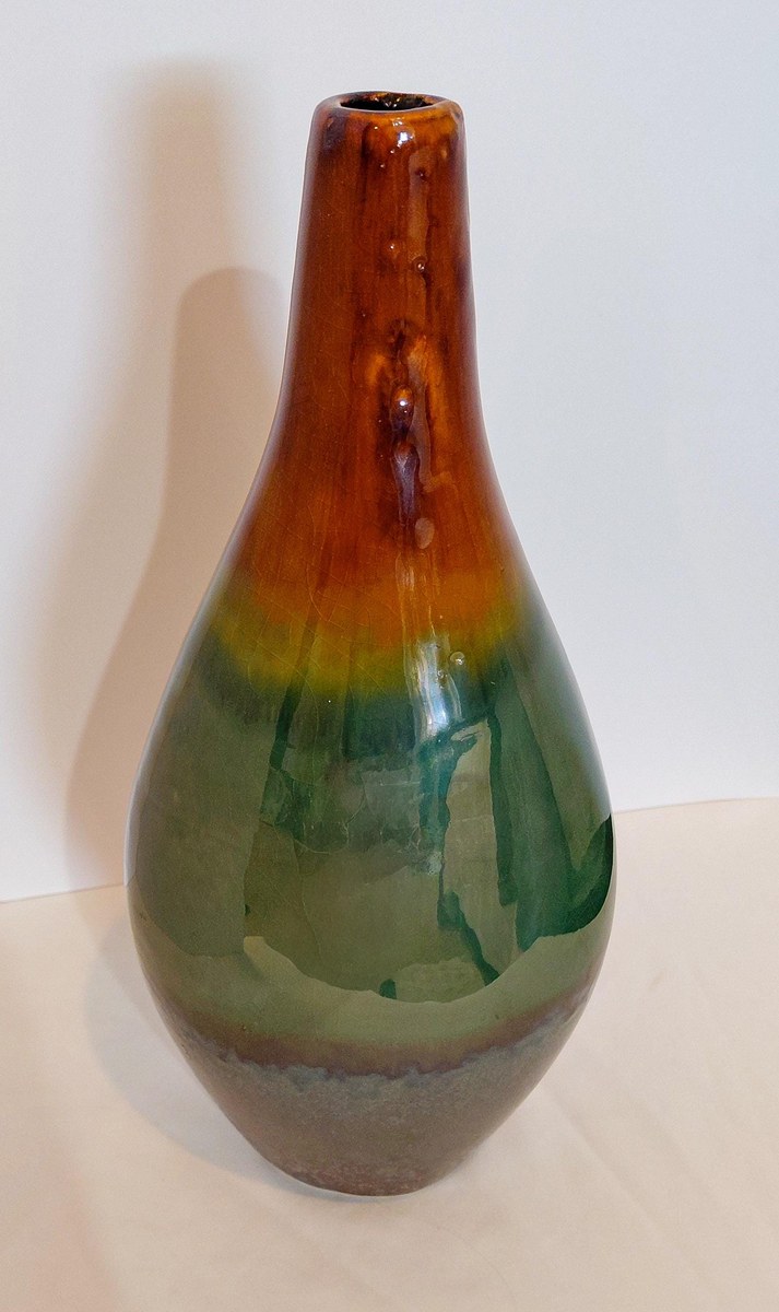 Vintage Studio Pottery Vase Organic Modern Japandi Wabi Sabi Green Brown Art Pottery 12 Inch, view 2