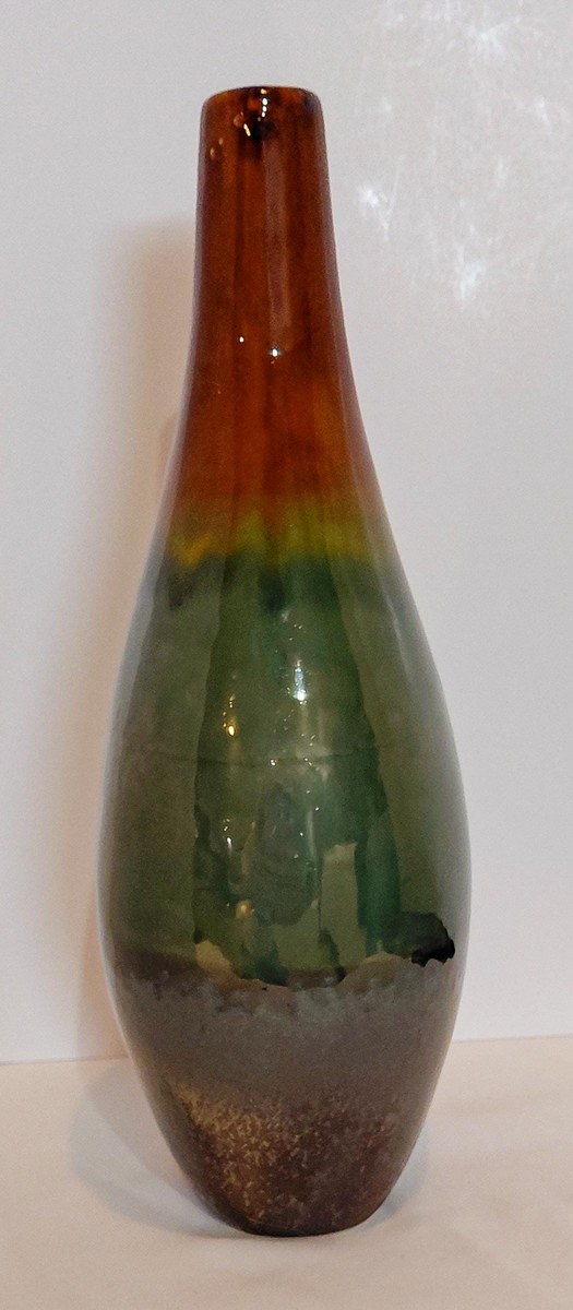Vintage Studio Pottery Vase Organic Modern Japandi Wabi Sabi Green Brown Art Pottery 12 Inch, view 3