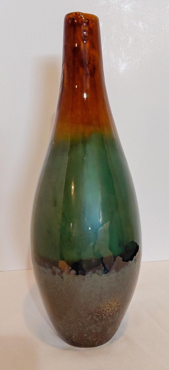 Vintage Studio Pottery Vase Organic Modern Japandi Wabi Sabi Green Brown Art Pottery 12 Inch, view 4