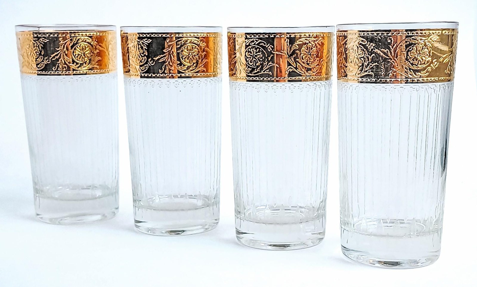 Vintage Culver Tyrol Highball Glasses Set of 4 22K Gold Crackle Lace Barware Mid Century Modern Cocktail Glasses