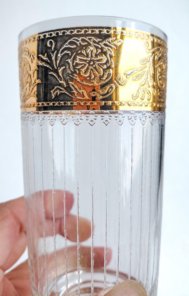 Vintage Culver Tyrol Highball Glasses Set of 4 22K Gold Crackle Lace Barware Mid Century Modern Cocktail Glasses, view 14