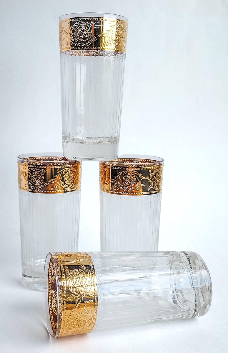 Vintage Culver Tyrol Highball Glasses Set of 4 22K Gold Crackle Lace Barware Mid Century Modern Cocktail Glasses, view 19