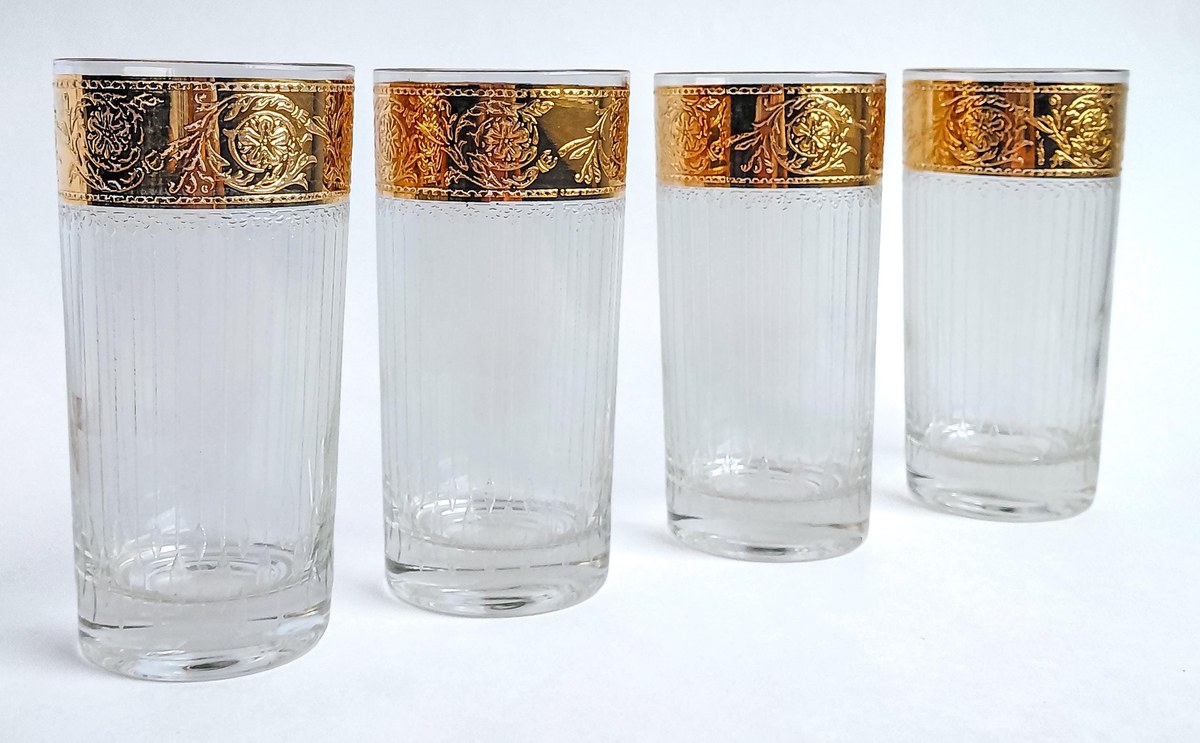 Vintage Culver Tyrol Highball Glasses Set of 4 22K Gold Crackle Lace Barware Mid Century Modern Cocktail Glasses, view 2