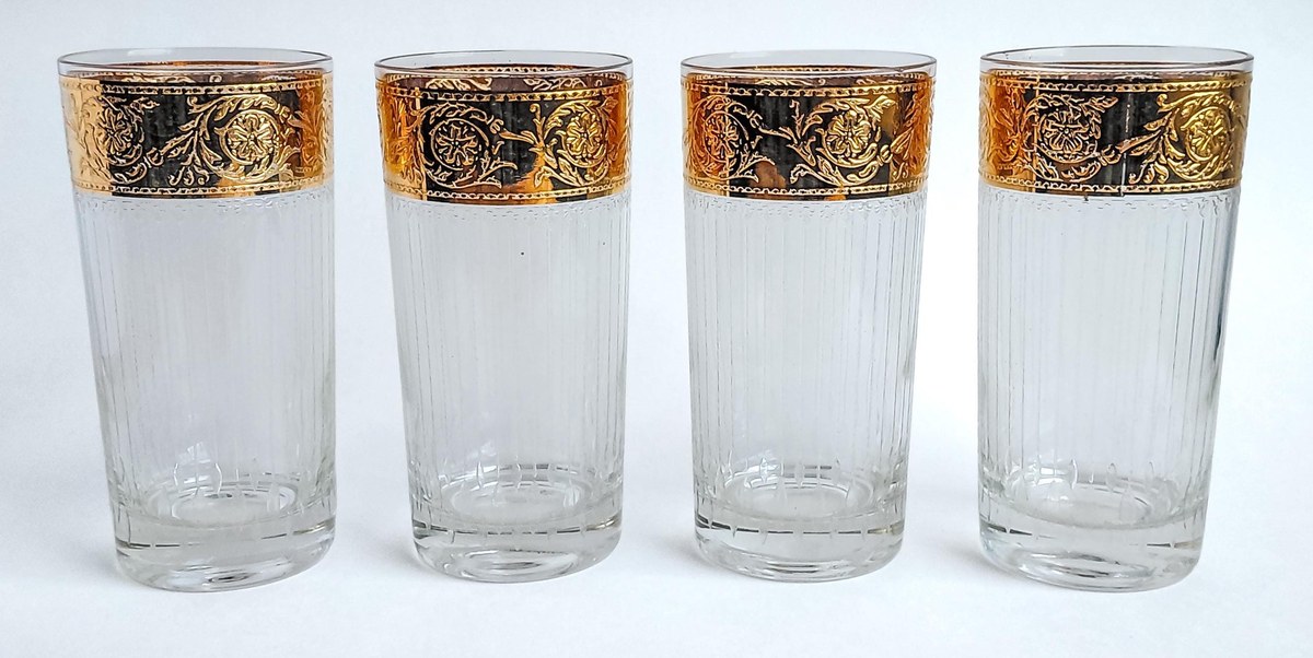 Vintage Culver Tyrol Highball Glasses Set of 4 22K Gold Crackle Lace Barware Mid Century Modern Cocktail Glasses, view 3