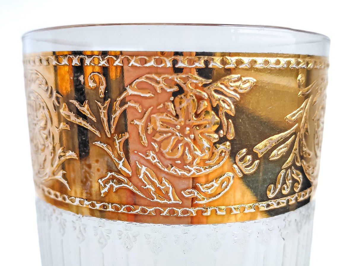 Vintage Culver Tyrol Highball Glasses Set of 4 22K Gold Crackle Lace Barware Mid Century Modern Cocktail Glasses, view 6