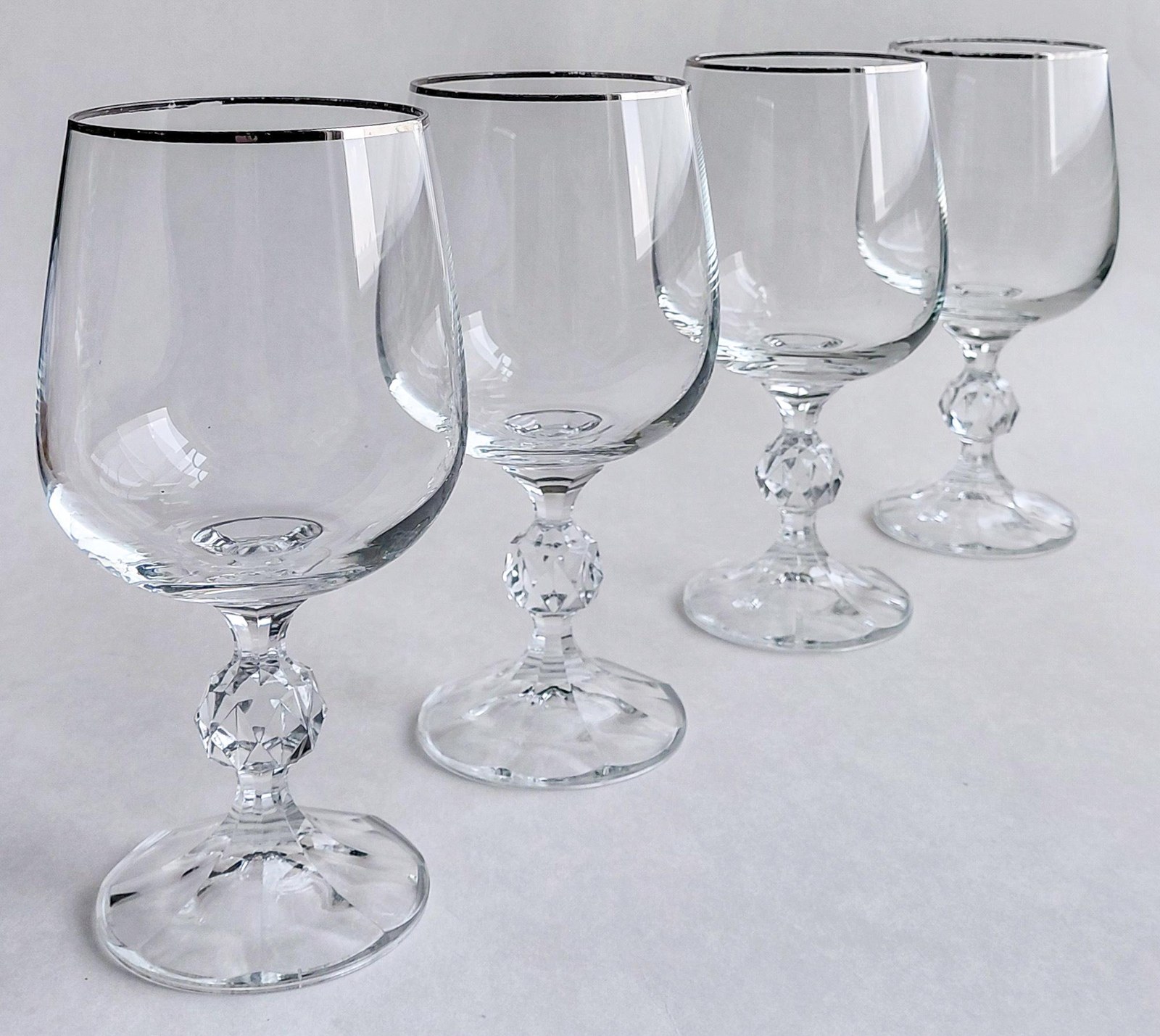 Bohemia Crystal Claudia Water Goblets Set of 4, Vintage Silver Tone Rim Stemware, Czech Crystal Wedding Gift