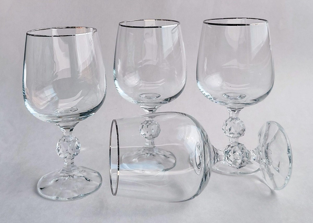 Bohemia Crystal Claudia Water Goblets Set of 4, Vintage Silver Tone Rim Stemware, Czech Crystal Wedding Gift, view 17