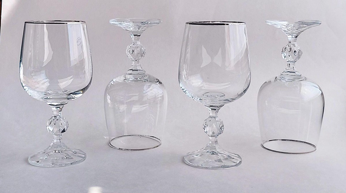 Bohemia Crystal Claudia Water Goblets Set of 4, Vintage Silver Tone Rim Stemware, Czech Crystal Wedding Gift, view 18
