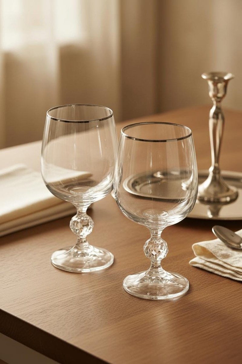 Bohemia Crystal Claudia Water Goblets Set of 4, Vintage Silver Tone Rim Stemware, Czech Crystal Wedding Gift, view 19
