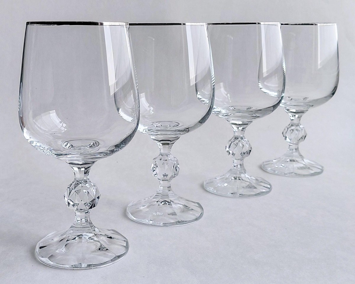 Bohemia Crystal Claudia Water Goblets Set of 4, Vintage Silver Tone Rim Stemware, Czech Crystal Wedding Gift, view 2