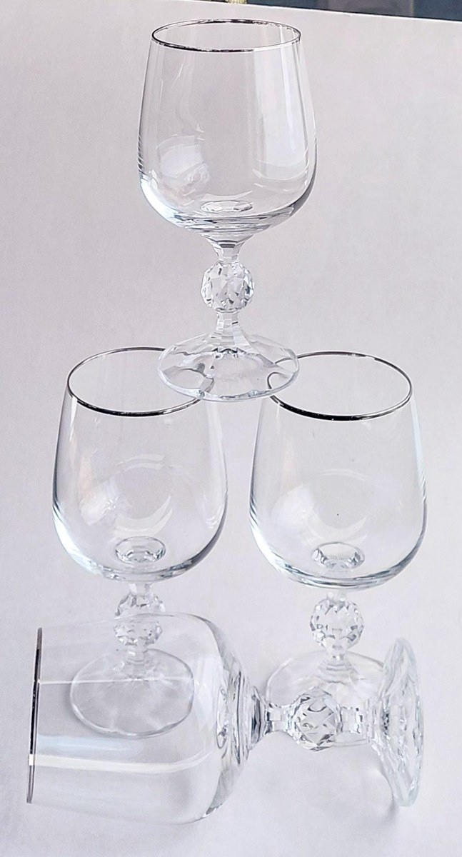 Bohemia Crystal Claudia Water Goblets Set of 4, Vintage Silver Tone Rim Stemware, Czech Crystal Wedding Gift, view 20