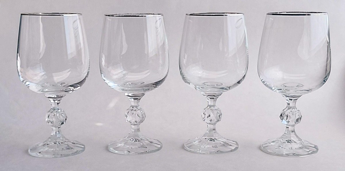 Bohemia Crystal Claudia Water Goblets Set of 4, Vintage Silver Tone Rim Stemware, Czech Crystal Wedding Gift, view 3