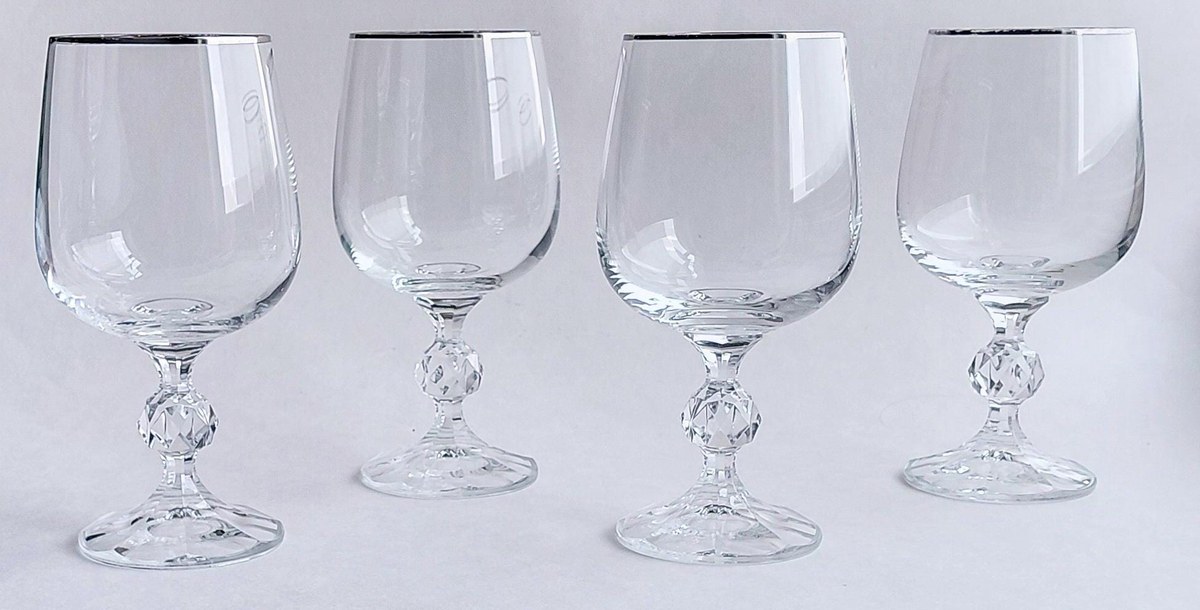 Bohemia Crystal Claudia Water Goblets Set of 4, Vintage Silver Tone Rim Stemware, Czech Crystal Wedding Gift, view 4